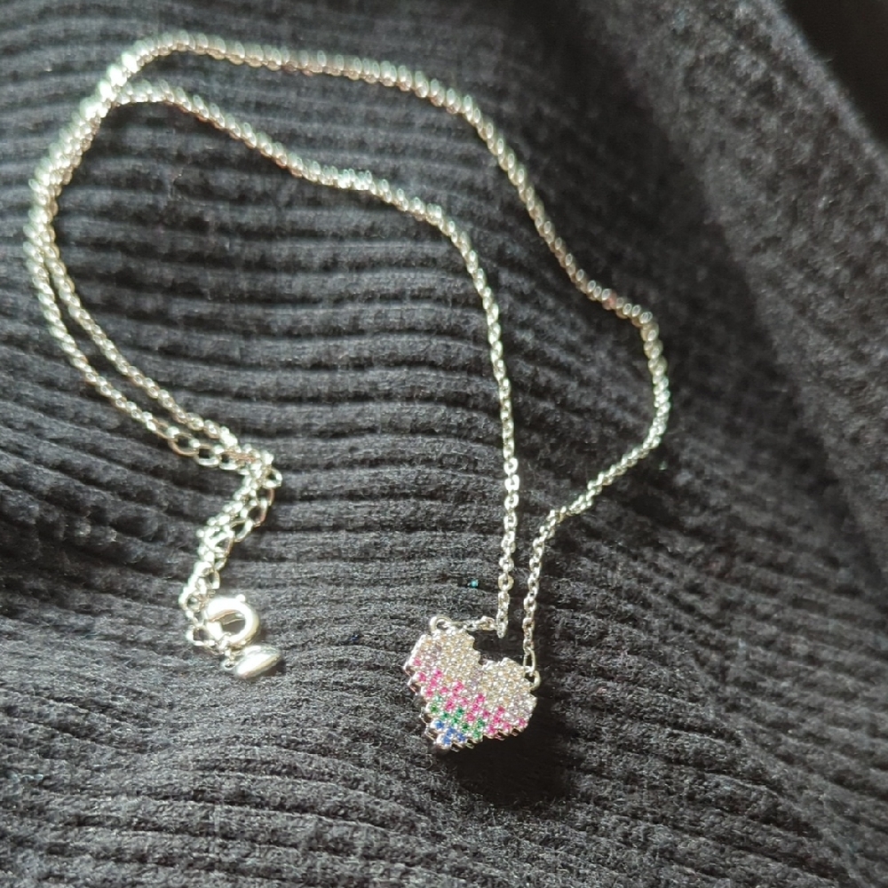 Pretty Bird Silver Heart Necklace with Rainbow Accents